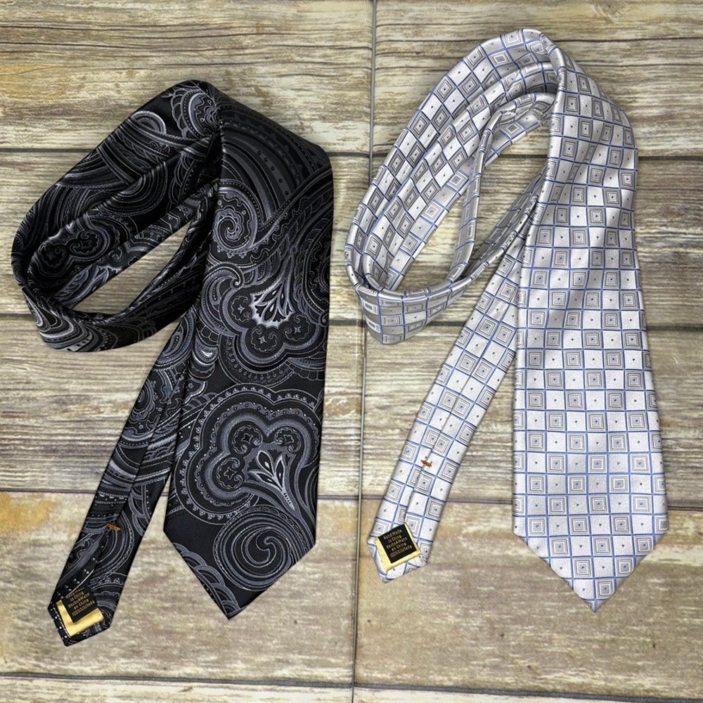 LOT OF 2 Donald J Trump Signature Collection Silk Ties Black Silver Blue Wedding